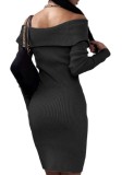Winter Black Knitting V-Neck Open Shoulder Sexy Club Dress