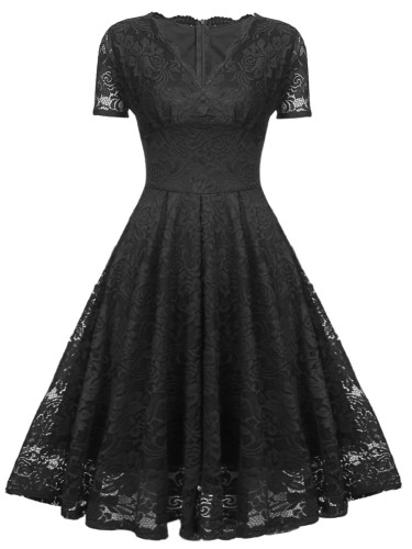 Spring Black Lace Short Sleeves V-Neck Swing Bridemaid Dress