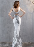 Spring Grey Formal Sequin Sleeveless V-Neck Mermaid Evening Dress