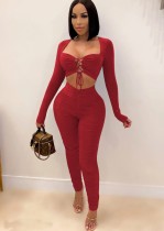 Spring Red Sexy Lace-Up Crop Top and Ruched Pants Two Piece Set