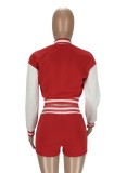 Spring Casual Letter Printed Red Baseball Jacket and Sweatshorts Set Wholesale Two Piece Short Set