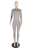 Winter Sexy Gray Rib Round Neck Long Sleeve Tight Top and Match Pants Wholesale Two Piece Sets