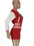 Spring Casual Letter Printed Red Baseball Jacket and Sweatshorts Set Wholesale Two Piece Short Set