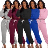 Spring Tracksuit Vendors Wine Red Round Neck Long Sleeve Sweatshirt and Sweatpants Two Piece Wholesale Jogger Suit