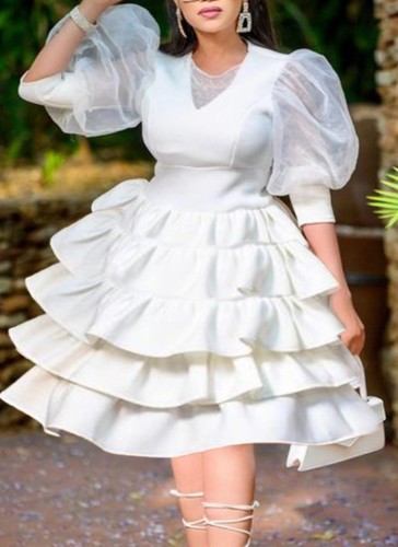 Spring Sweet White Puff manga curta com babados em camadas vestido de festa