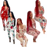 Winter Sexy Red Christmas Printed Zipper Up Long Sleeve Slim Jumpsuit