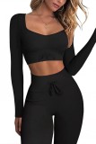 Winter Black V-neck Drawstring Long Sleeve Crop Top and Match Pants Two Piece Wholesale Yoga Wear