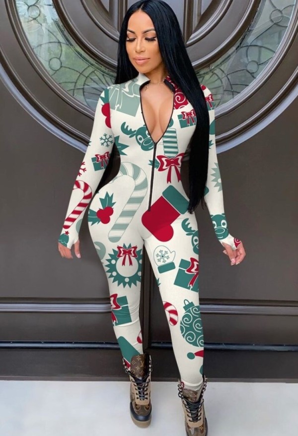 Winter Sexy White Christmas Printed Zipper Up Long Sleeve Slim Jumpsuit
