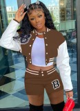 Spring Casual Letter Printed Brown Baseball Jacket and Sweatshorts Set Wholesale Two Piece Short Set
