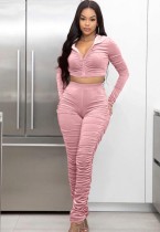 Frühling Sexy Pink Velvet Ruchd Langarm Cropped Hoody Top und Match Pants Großhandel 2 Stück Sets
