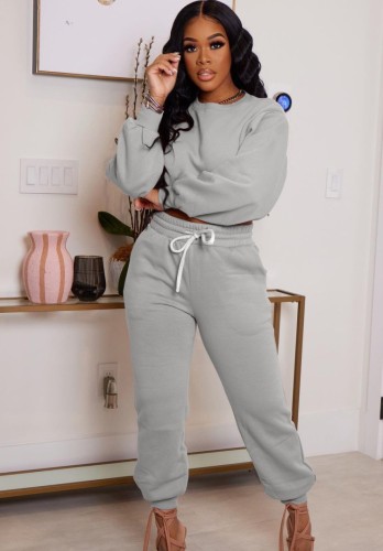 Spring Tracksuit Vendors Gray Round Neck Long Sleeve Sweatshirt and Sweatpants Two Piece Wholesale Jogger Suit