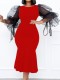 Spring Elegant Plus Size Puff Mesh Sleeve Slim Red Mermaid Formal Party Dress