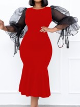 Frühling Elegant Plus Size Puff Mesh Ärmel Slim Red Mermaid Formal Party Dress