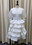 Spring Sweet White Puff Short Sleeve Ruffled Layered Party Dress