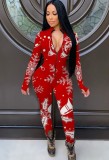 Winter Sexy Red Christmas Printed Zipper Up Long Sleeve Slim Jumpsuit