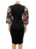 Spring Elegant Printed Black Short Puff Sleeve Professional Career Midi Dress
