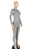 Winter Sexy Gray Rib Round Neck Long Sleeve Tight Top and Match Pants Wholesale Two Piece Sets