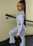 Spring Sexy Newspaper Printed Round Neck Long Sleeve Tight Bodysuit and Flare Pants Set Wholesale Two Piece Sets