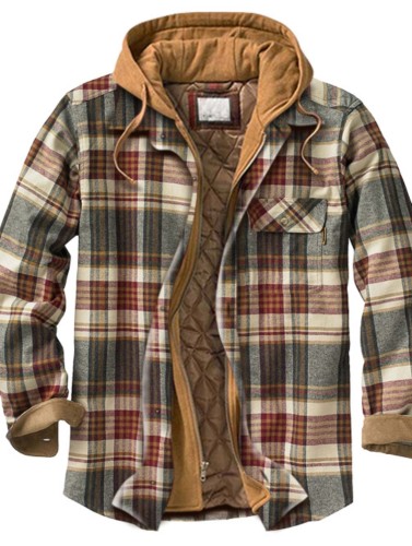 Winter Men's Brown Plaid Patch Fleece long-sleeved loose hooded jacket