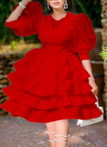 Spring Sweet Red Puff manga curta com babados em camadas vestido de festa