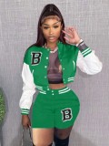 Spring Casual Letter Printed Green Baseball Jacket and Sweatshorts Set Wholesale Two Piece Short Set