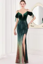 Spring Elegant Green Sequin Strap Off Shoulder Tassels Short Sleeve V-Neck Slit Long Evening Dress