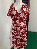 Summer Elegant Print Deep V Neck Ruffles Short Sleeve Midi Dress