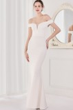 Summer Elegant White Plain Off Shoulder Short Sleeve Evening Dress