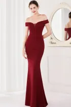 Summer Elegant Red Plain Off Shoulder Short Sleeve Evening Dress