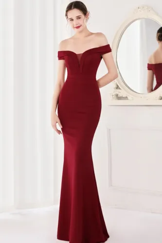 Summer Elegant Red Plain Off Shoulder Short Sleeve Evening Dress