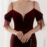 Spring Elegant Red Sequin Strap Off Shoulder Tassels Short Sleeve V-Neck Slit Long Evening Dress