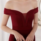 Summer Elegant Red Plain Off Shoulder Short Sleeve Evening Dress