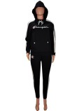 Winter Fashion Black Letter Print Contrast Piping Long Sleeve Hoodies And Pant Tracksuit