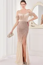Spring Elegant Beige Sequin Strap Off Shoulder Tassels Short Sleeve V-Neck Slit Long Evening Dress