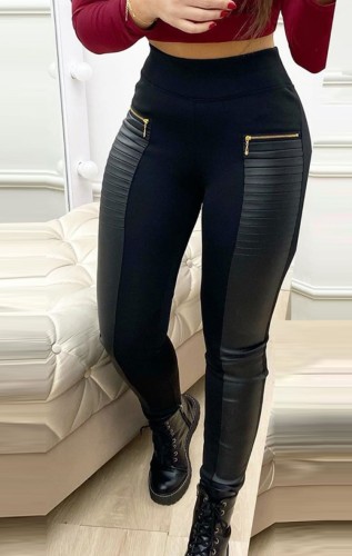 Winter Fashion Black Zipper Pleated Pu Leather Skinny Pant
