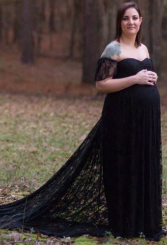 Vestido longo de maternidade elegante preto com renda fora do ombro em malha de verão