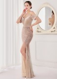 Spring Elegant Beige Sequin Strap Off Shoulder Tassels Short Sleeve V-Neck Slit Long Evening Dress