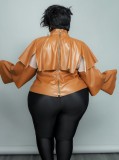 Winter Plus Size Orange High Neck Ruffles Pu Leather Long Sleeve Top