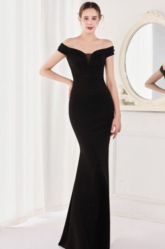 Summer Elegant Black Plain Off Shoulder Short Sleeve Evening Dress