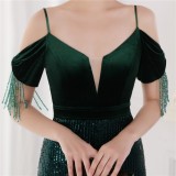 Spring Elegant Green Sequin Strap Off Shoulder Tassels Short Sleeve V-Neck Slit Long Evening Dress