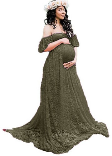 Vestido longo de maternidade elegante de renda verde com malha fora do ombro