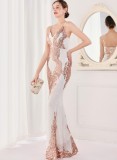 Sommer Weiß Formales Pailletten Ärmelloses V-Ausschnitt Meerjungfrau Abendkleid