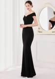 Summer Elegant Black Plain Off Shoulder Short Sleeve Evening Dress