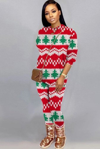Conjunto de duas peças com estampa de Natal Plus Size, decote redondo, manga comprida e pijama de calça.