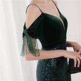 Spring Elegant Green Sequin Strap Off Shoulder Tassels Short Sleeve V-Neck Slit Long Evening Dress