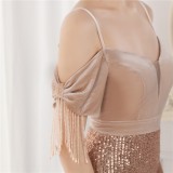 Spring Elegant Beige Sequin Strap Off Shoulder Tassels Short Sleeve V-Neck Slit Long Evening Dress