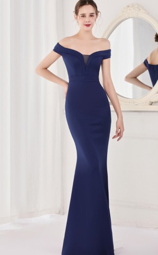 Summer Elegant Blue Plain Off Shoulder Short Sleeve Evening Dress