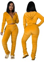 Winter Casual gele rits hoodies met lange mouwen en gestapelde broek Groothandel 2-delige sets