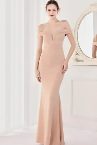 Summer Elegant Beige Plain Off Shoulder Short Sleeve Evening Dress