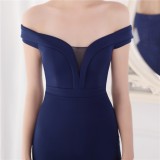 Summer Elegant Blue Plain Off Shoulder Short Sleeve Evening Dress